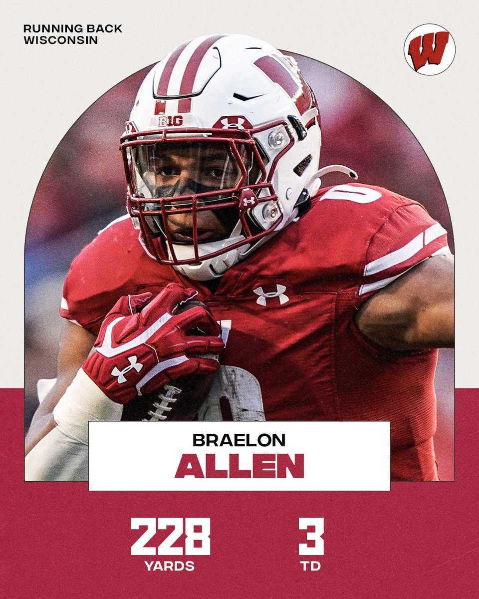 espn's tweet photo. Braelon Allen keeps it 💯

He has 7️⃣ straight games with 100 rushing yards, a Wisconsin freshman record 🔥 https://t.co/jws5F1uNB7