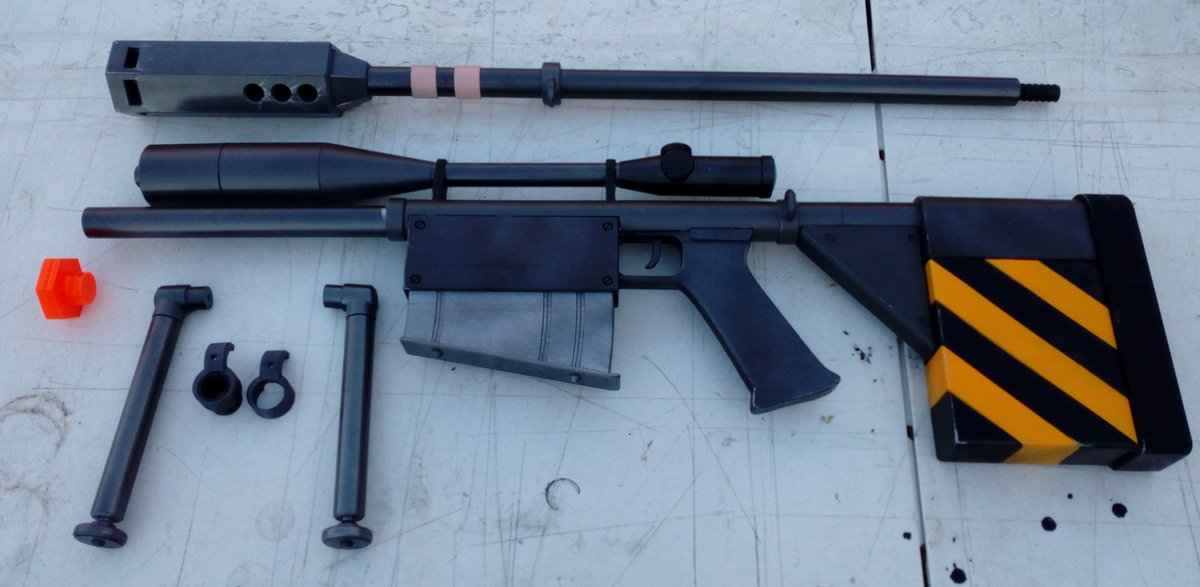 MKPropsShop's tweet photo. Yay, internet back. It's strange, but as soon as I ship off a prop, I usually make a spare, just in case something goes wrong. Worst case, I've got a kit ready to make a new one. Had fun with this, the bipod legs extend as a single print, and rotate using a PETG rubbery joint https://t.co/CmNaD15sxX