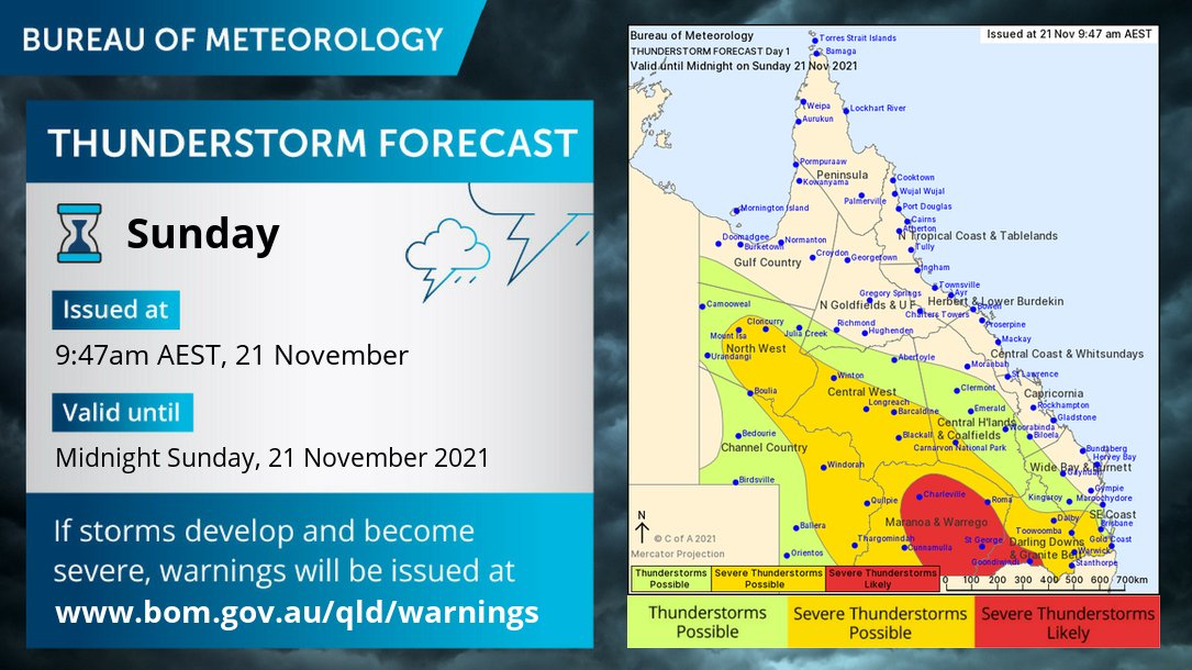BOM_Qld's tweet photo. ⛈️ SUNDAY STORM FORECAST ⛈️
Severe thunderstorms likely in the Maranoa &amp; Warrego &amp; southwest Darling Downs, possible across much of interior and southeast Queensland today. As severe storms develop, warnings will be issued here: https://t.co/rNcXNzDs2a https://t.co/TArK5FpNMF
