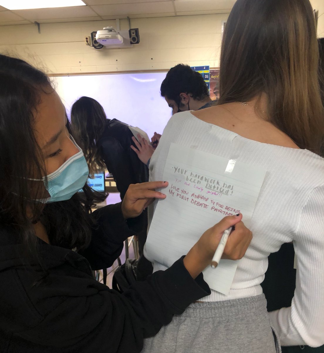My students look forward to the days where we start class with SEL activities.. one morning this past week we wrote positives on one another’s backs. My students were so happy to see their notes. This one was really special to all of us!😊🥺🤧 #spreadkindness #makesomeonesday