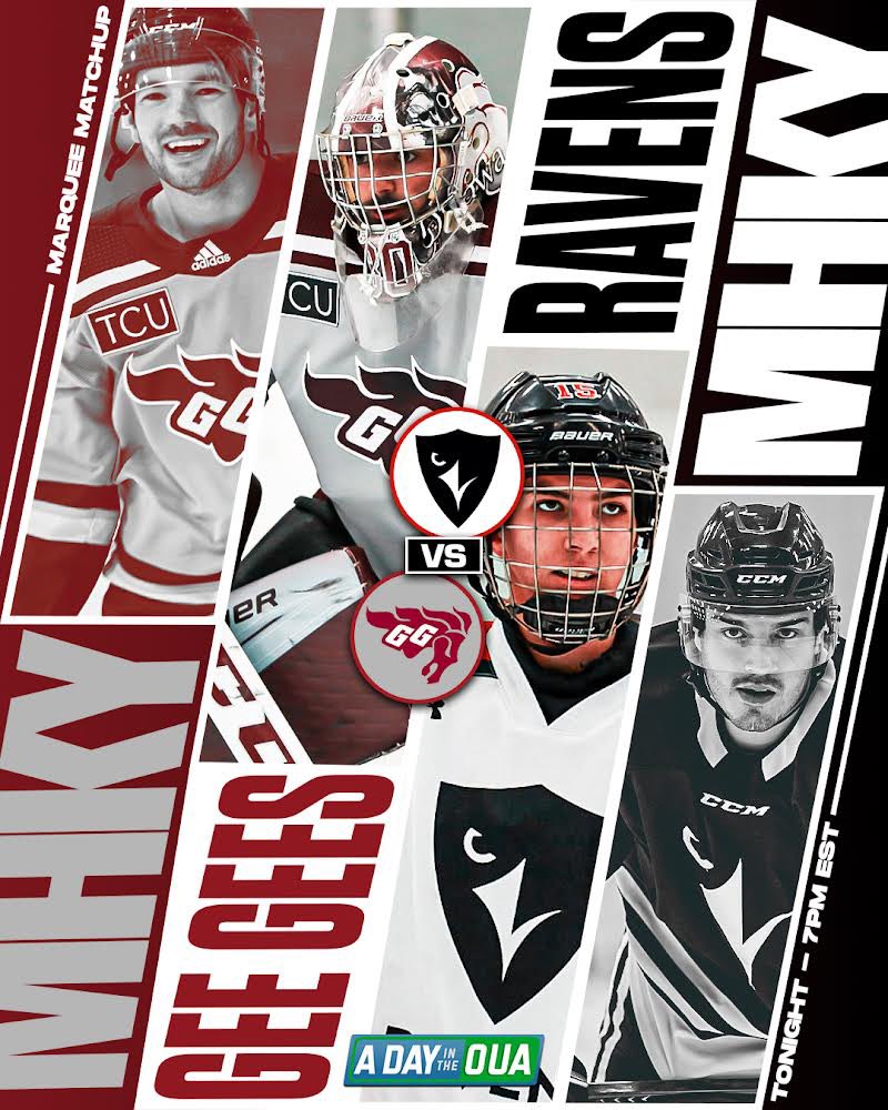 MARQUEE MATCHUP #4

We’re underway in the nations capital as two prolific programs face off with the <a href="/GeeGeesMHKY/">uOttawa Men's Hockey | Hockey masculin</a> playing host to the <a href="/CURavens/">Carleton Ravens</a>!

We’re approaching the home stretch of our 8 hour broadcast so make sure to tune in on OUA.tv! Link in bio to watch.