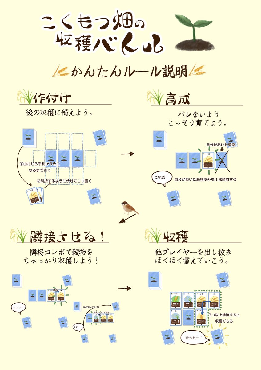 meimgames's tweet photo. おはようございます٩( 'ω' )و

本日もゲムマ 秋　ウ30 Meimにて

「こくもつ畑の収穫バトル」🌱
「こんな殺人犯だらけの山荘で寝られるか！」🔥
「タニン のマネーでスシたべたい！」🍣

ご用意してお待ちしております！
#ゲームマーケット2021秋 https://t.co/RhczwUAX53