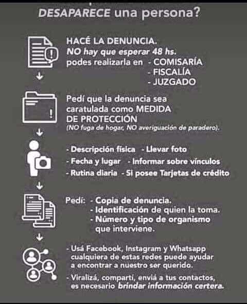 desaparecidaorg's tweet photo. Ante la desaparición de una persona es fundamental hacer siempre la denuncia de inmediato. NO esperar 48 horas, la búsqueda debe comenzar en forma urgente y con todos los medios disponibles. Por favor compartir estas recomendaciones 💜 https://t.co/A8CYLEp93y