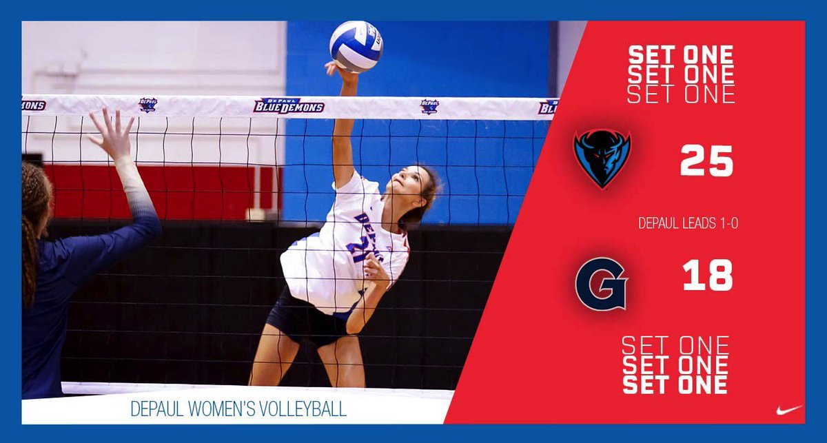 DePaulVball's tweet photo. DePaul commands set one to take a 1-0 lead on the match. 

Wallace &amp; Price with three kills apiece as DePaul hits .367 with just one attack error in the first frame! 

#dpuvb https://t.co/Ot35CH02Qv