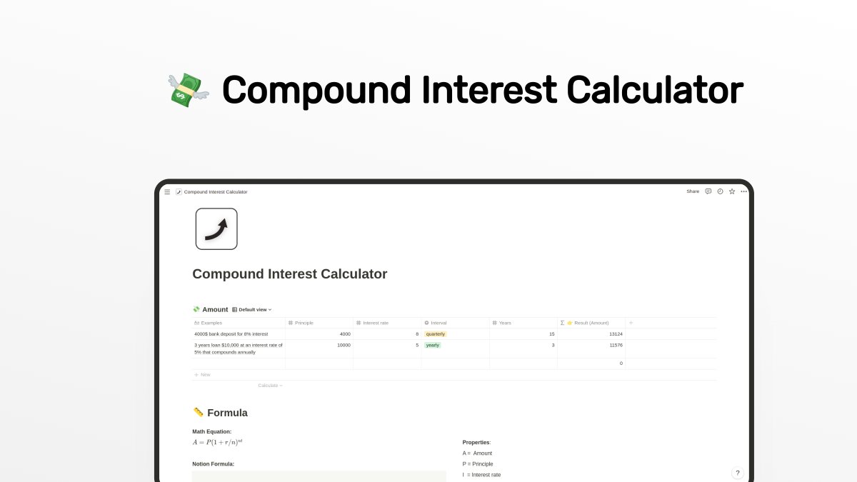 _yudax's tweet photo. I made a compound interest calculator template for Notion.

Get it for free (Link below) https://t.co/6IK5BHRJ4V