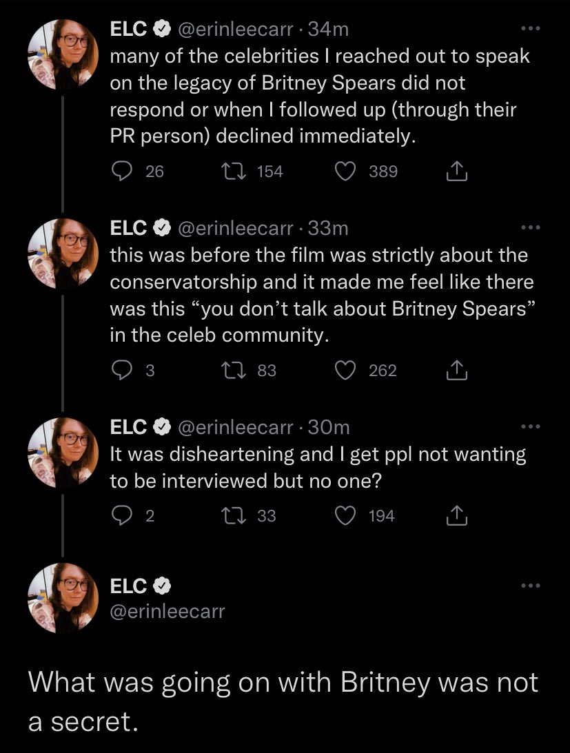 TheSpearsRoom's tweet photo. The director for the Netflix documentary, Britney vs Spears, Erin Lee Carr, revealed that many celebrities literally declined to speak about Britney at every given cost.

She also says that many people in the industry knew and it was NOT a secret. https://t.co/64exKUw3cy