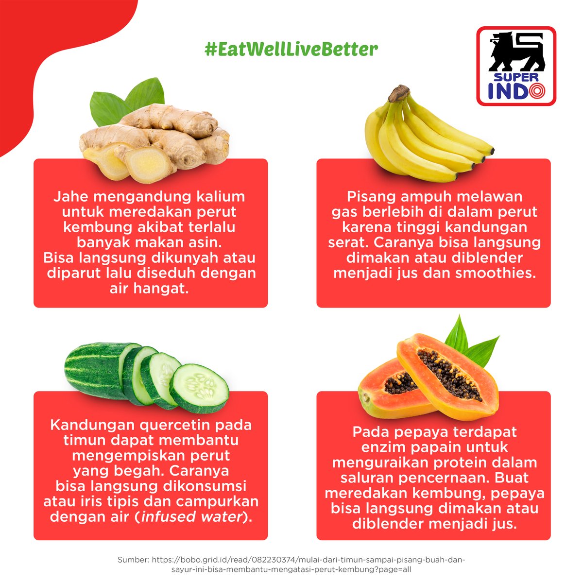 InfoSuperIndo's tweet photo. Sobat perut kembung, mana suaranyaaa?
Penyebabnya memang macem-macem ya bu, tapi beberapa minuman dari bahan ini bisa meringankan perut kembung nih buuu... dicoba yaaa...
#PerutKembung
#EWLB https://t.co/uFbSPfvZgi