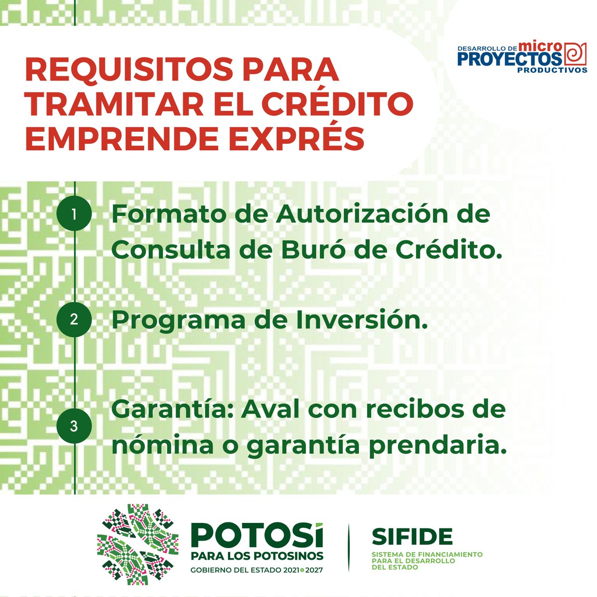 sifideteapoya's tweet photo. Conoce todos los requisitos del Crédito #SIFIDE #EmprendeExprés en:
 https://t.co/dLvqvCpSJu 
Teléfono: (444) 1027700 Ext.112 y 113 
#SIFIDE #SIFIDESLP
#PotosíParaLosPotosinos
#SanLuisPotosi https://t.co/awvdKHAxTK