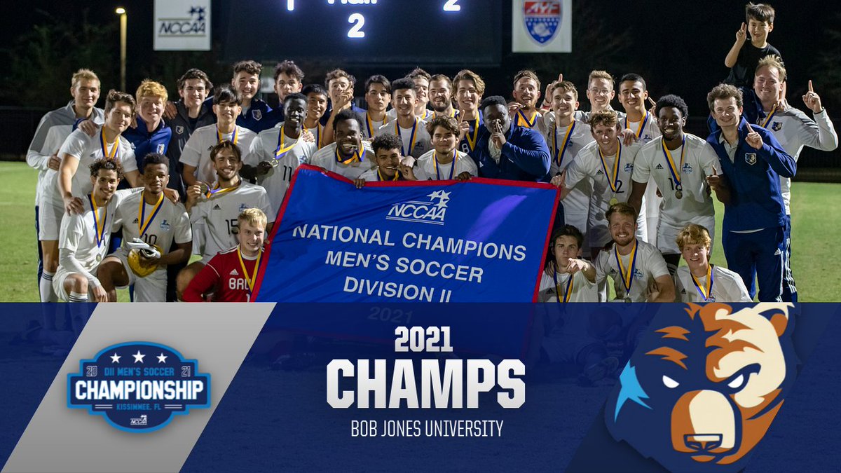 NCCAAChamps's tweet photo. Bob Jones University Claims 2021 DII Men’s #NCCAASoccer National Championship. https://t.co/vkWBiTmpKe https://t.co/Ylz5xaYmLy