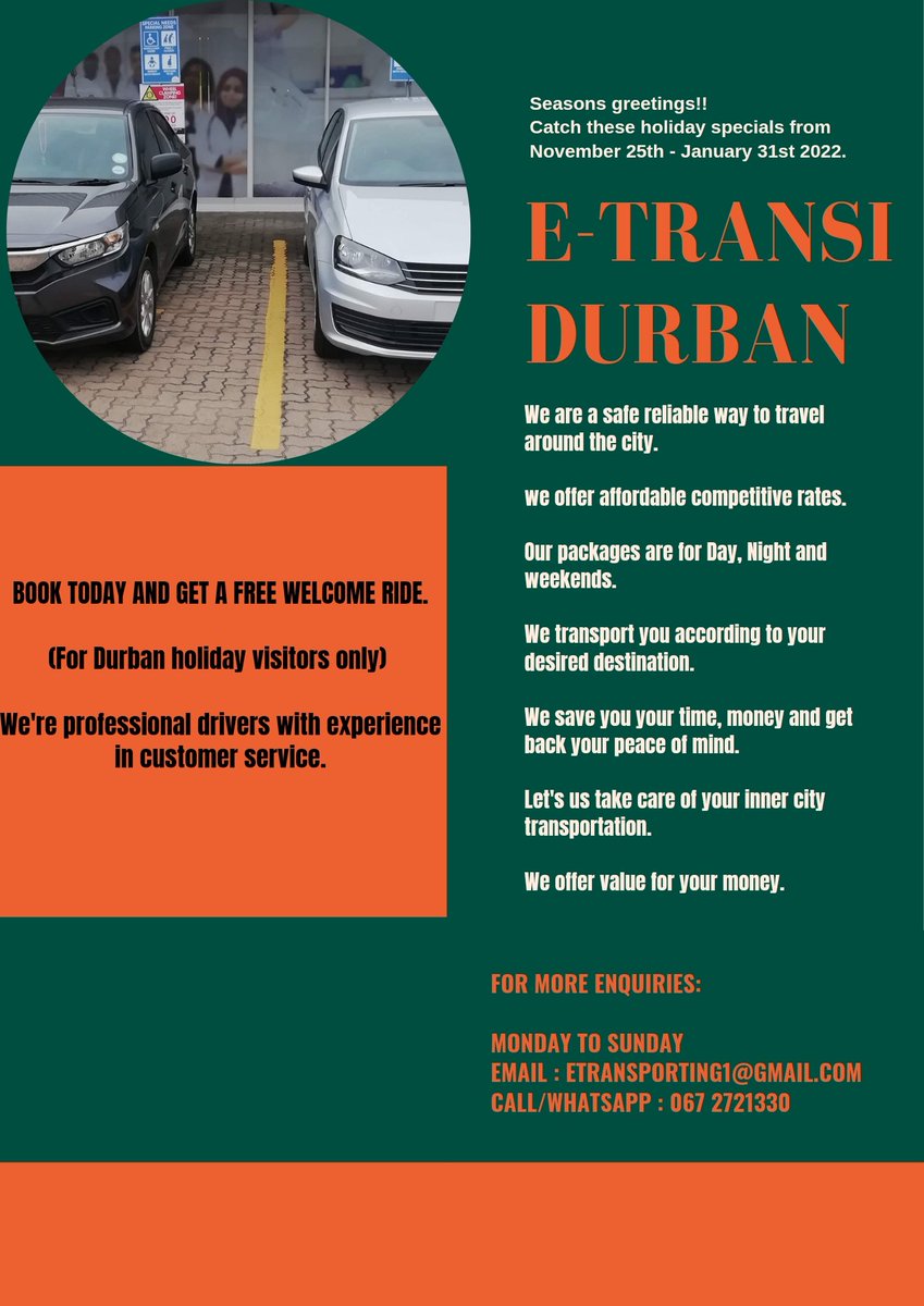 ETransporting's tweet photo. When visiting Durban these holidays make sure you use our rides for safe, affordable and reliable service. 

@durbantourism @eThekwiniM https://t.co/SOlNp0U28C