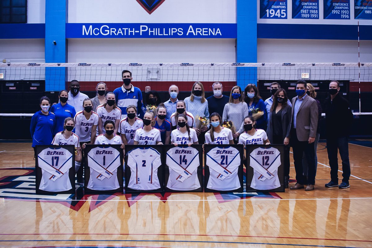 DePaulVball's tweet photo. A senior night sweep over Georgetown! 

So proud of this group 💙

Up next: BIG EAST TOURNEY ‼️

#dpuvb https://t.co/t7n9iTXCWG