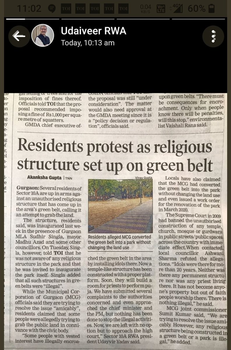 udaybiryadav's tweet photo. MCG is failure in many ways. Open defecation near construction is rampant. Public toilets are dirty. Parks being encroached in connivance of Councillors, MCG top officials and Mayor inaugurates Ilegally built temple over Green belt in sector 10A. Can take oath n deny in HC ? NO https://t.co/AHaMubnO1W
