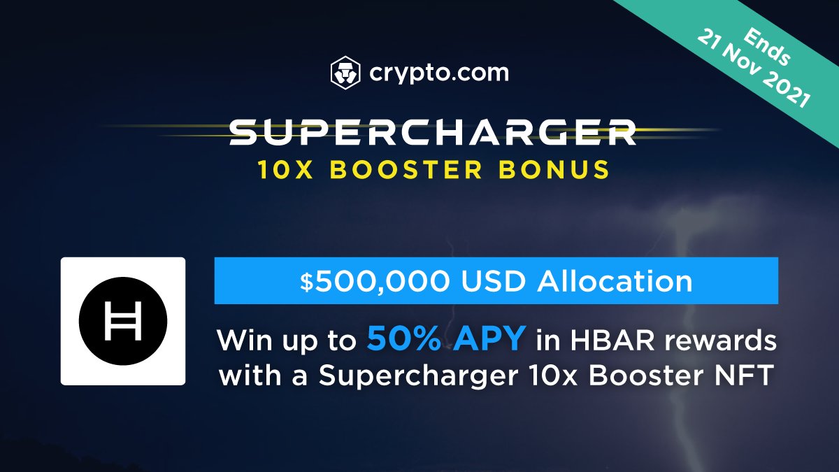 The $HBAR Supercharger 10x Booster Bonus event has ended!
Next Up: $ETH

To accept your #HBAR reward allocation, log in at 06:00 UTC, 22 November. 
Reward distribution begins at 06:00 UTC, 23 November.
crypto.com/exchange/super…
