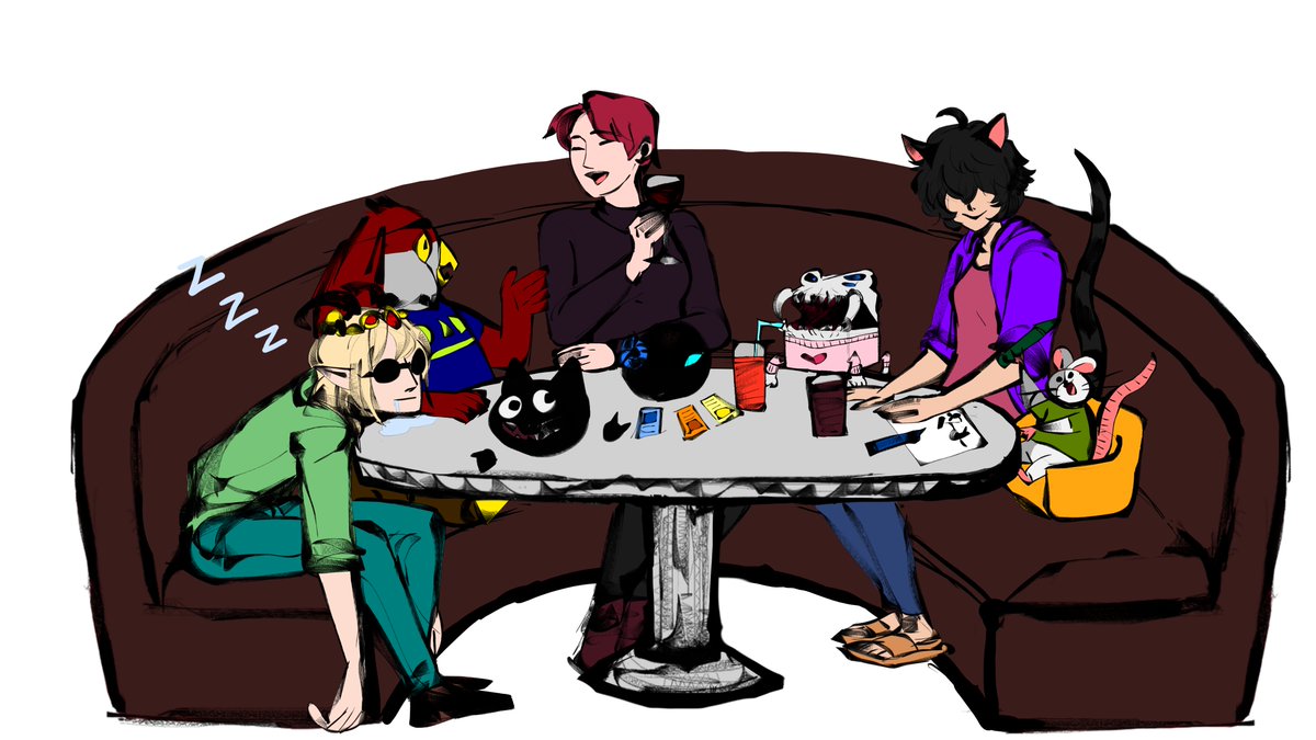SpaghettiHarri3's tweet photo. We regulars somewheres, ft @/ElfValis #valistrations @/_BirdMaws_ #MawsDraws @/ChValravn #RavnArt @/DisemVoices #visembodied @/OsborneKay21 #OakKay @/BottleOfMercury and @/GlubieTheRat #Glubart https://t.co/8yQ8WQtLzR