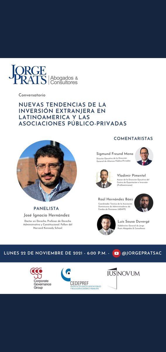 Este lunes estaré como comentarista del Conversatorio de " Nuevas Tendencias de la #Inversión Extranjera en #Latinoamérica y las Asociaciones Público-Privadas " gracias a invitación de <a href="/jorgepratsac/">Jorge Prats Abogados & Consultores</a>

<a href="/AdafpRDO/">ADAFP RD</a>
#InversionExtranjera
#APP
#inversionistainstitucional
