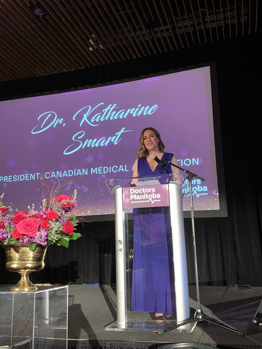 DoctorsManitoba's tweet photo. We are honoured to have CMA President Dr. @KatharineSmart here this evening to offer words of congratulations and support. #DRMB https://t.co/fG72juQISp