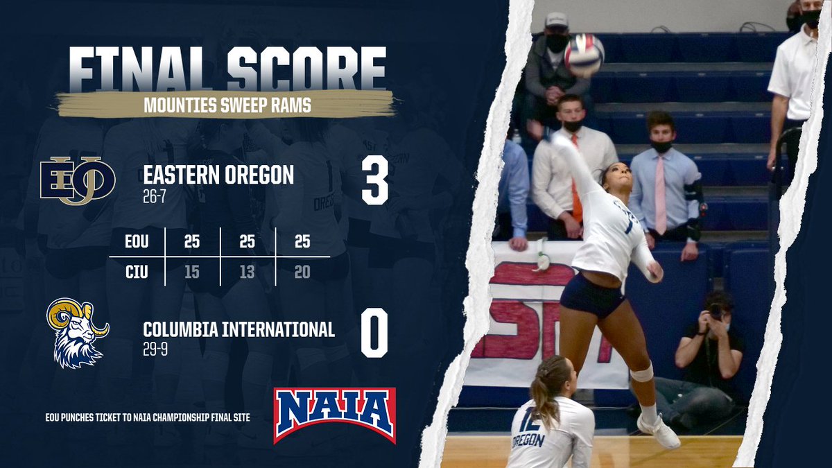 EouVolleyball's tweet photo. FINAL | #12 EOU- 3, CIU- 0
Break out the brooms!! Mounties get the sweep over CIU to advance to the NAIA National Championship final site! Sade Williams w/10 kills to lead EOU!
#MountUp #EOUvb https://t.co/0r9JIxEwVk