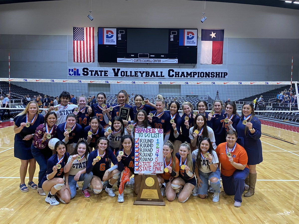 NISD's tweet photo. Mission accomplished!! @BrandeisVB08 just won their first state championship and we could not be more proud of this team!! 🧡🏐💙#NISDReunited #reptheB https://t.co/WyaEUhh8vW