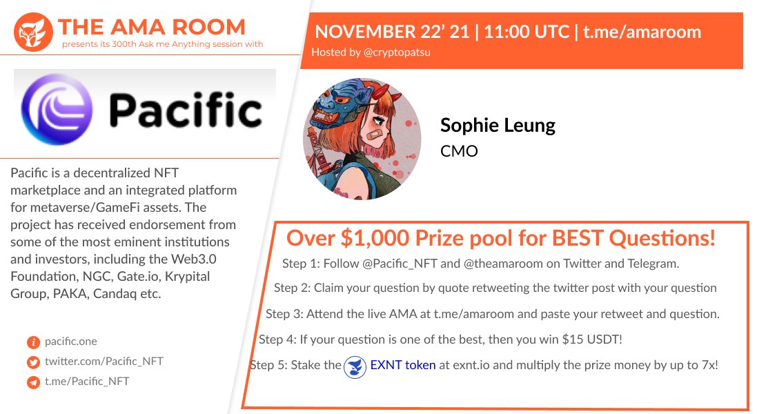 theamarom's tweet photo. Join @Pacific_NFT with your host @cryptopatsu for another #AMA 🔥

⌚️Nov 22 | MON | 11:00 UTC
💰Over $1000 #Prize Pool
✔ QUOTE RETWEET this WITH your question to qualify!
📍https://t.co/F6PYTiRmIL

#PacificxTheAMARoom $PCF #AMARoom #Giveaway 

ℹ️ https://t.co/LemhQDePjW https://t.co/Vysr0ZTjng