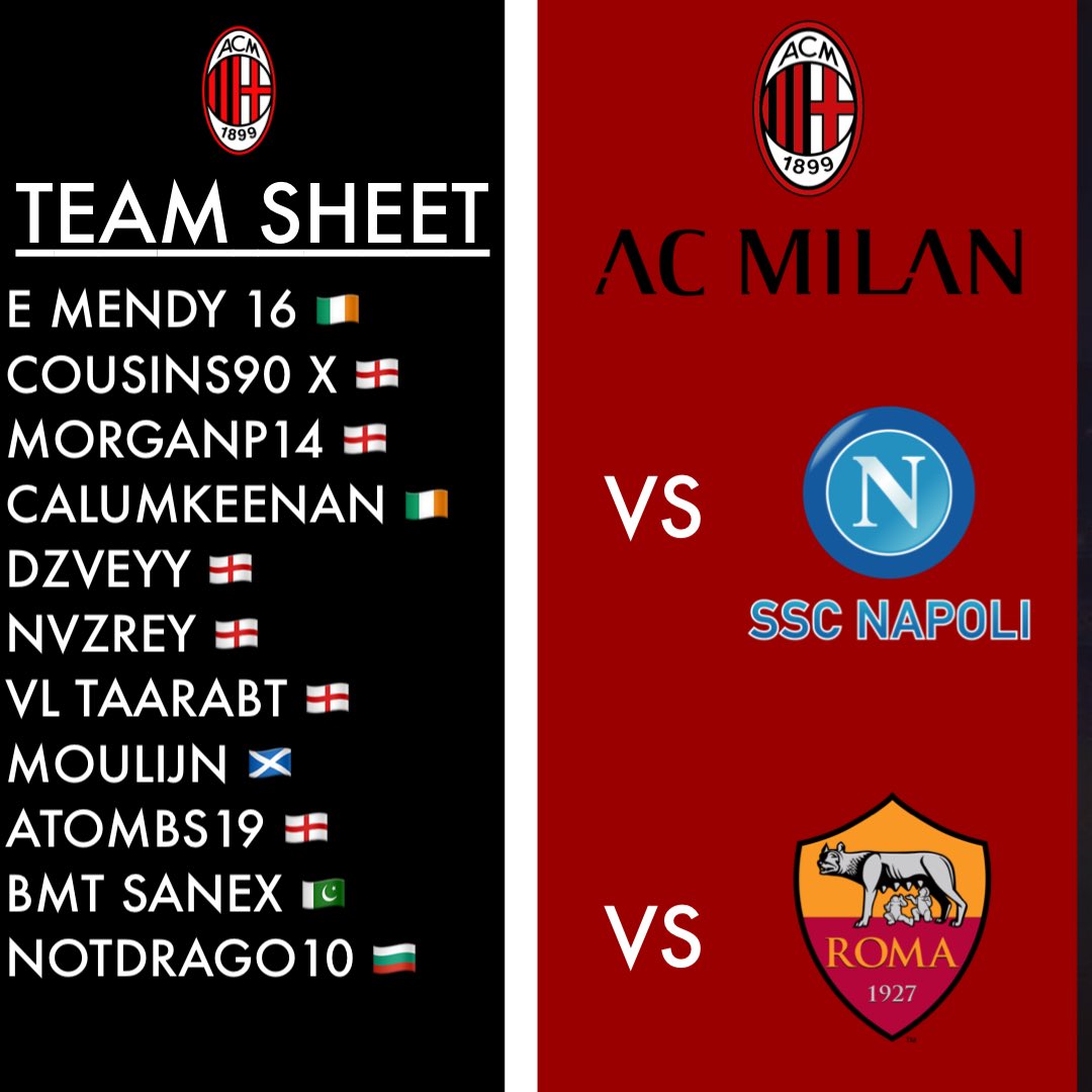 Matchday #2

<a href="/TheVFL_/">VFL</a> 
🕐8:00PM
🆚 Napoli SSC
🏆Serie A 

🕐8:45PM
🆚AS Roma
🏆Serie A 

Graphics🎨: <a href="/EMackk_/">Ethan</a> 

Lineup🏟: