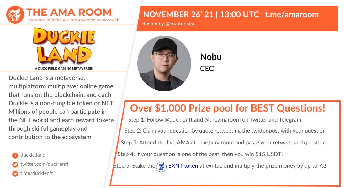 Join <a href="/duckienft/">Duckie Land</a> with your host <a href="/cryptopatsu/">CryptoPatSu</a> for another #AMA 🔥

⌚️Nov 26 | FRI | 13:00 UTC
💰Over $1000 #Prize Pool
✔ QUOTE RETWEET this WITH your question to qualify!
📍t.me/amaroom

#DuckiexTheAMARoom #AMARoom #Giveaway 

ℹ️ t.me/amaroomnews/205
