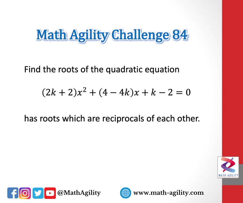 MathAgility's tweet photo. Math Agility Challenge: What are the roots of the given quadratic equation?
Visit: https://t.co/RxxtRNwhjA
#MathAgilityChallenge #Math #Challenge https://t.co/h69VpaCbXQ