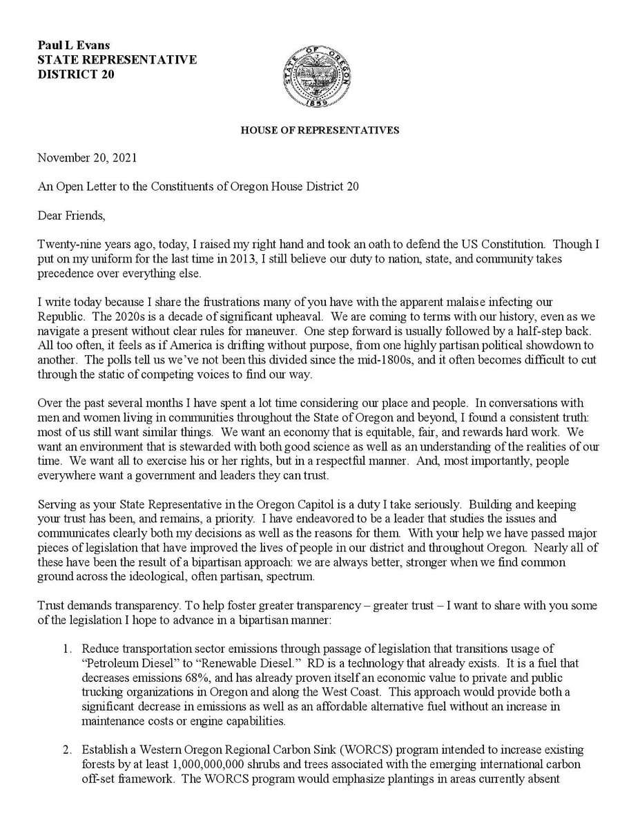 PaulEvansOregon's tweet photo. To my constituents, the people of House District 20, I have spent the last few weeks reflecting on how we can move Oregon forward. #Oregonforward #orleg https://t.co/0Nf0ulwqgG