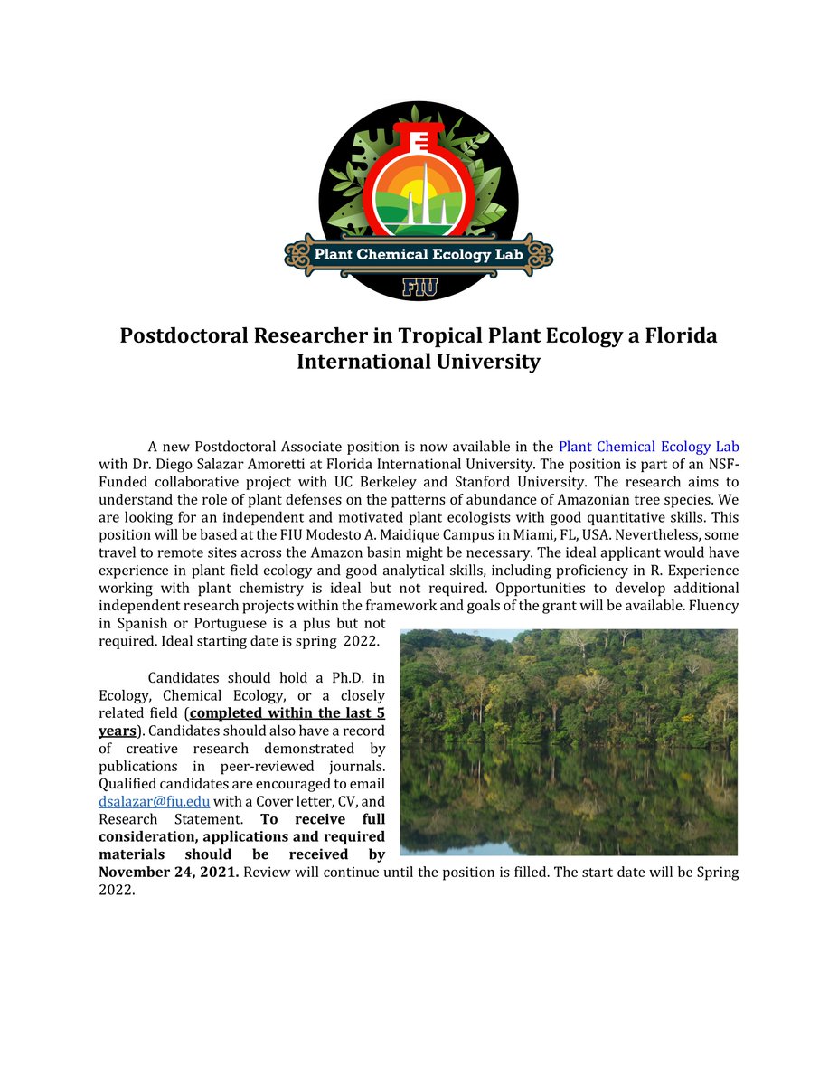 Last days to apply! 

We are looking for a new #postdoc for an NSF-funded project exploring the mechanisms behind plant species abundances in the Amazon basin.

Experience in plant chemistry not required.

Share widely!

#postdocjobs #chemicalecology #ecology  #botany #amazonia