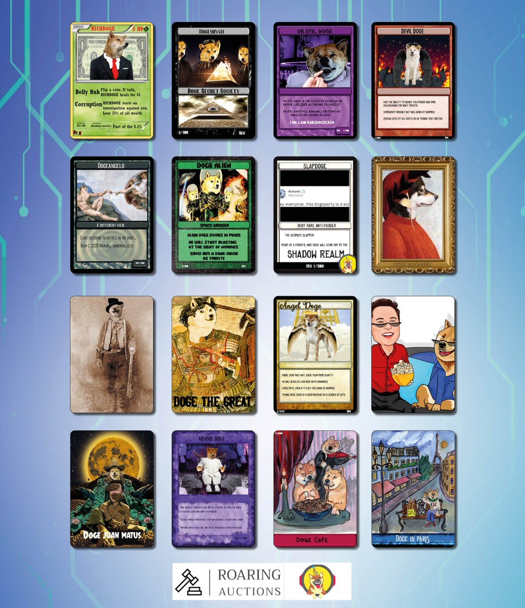 RoaringAuctions's tweet photo. Epic Lots coming up in our #NFT #Auction session two 08:00 UTC. #RarePepe cards, then
Big Collection of Mixed Dogeparty Cards (9 #RareDoge, 19 Unofficial #Dogeparty)
Marie's Rare Doges (10 Cards)
DogeParty Starter Bundle (17 #RareDoge Assets, 4 #RareRejects Assets, 33 Cards) https://t.co/7cvj8EYDDQ