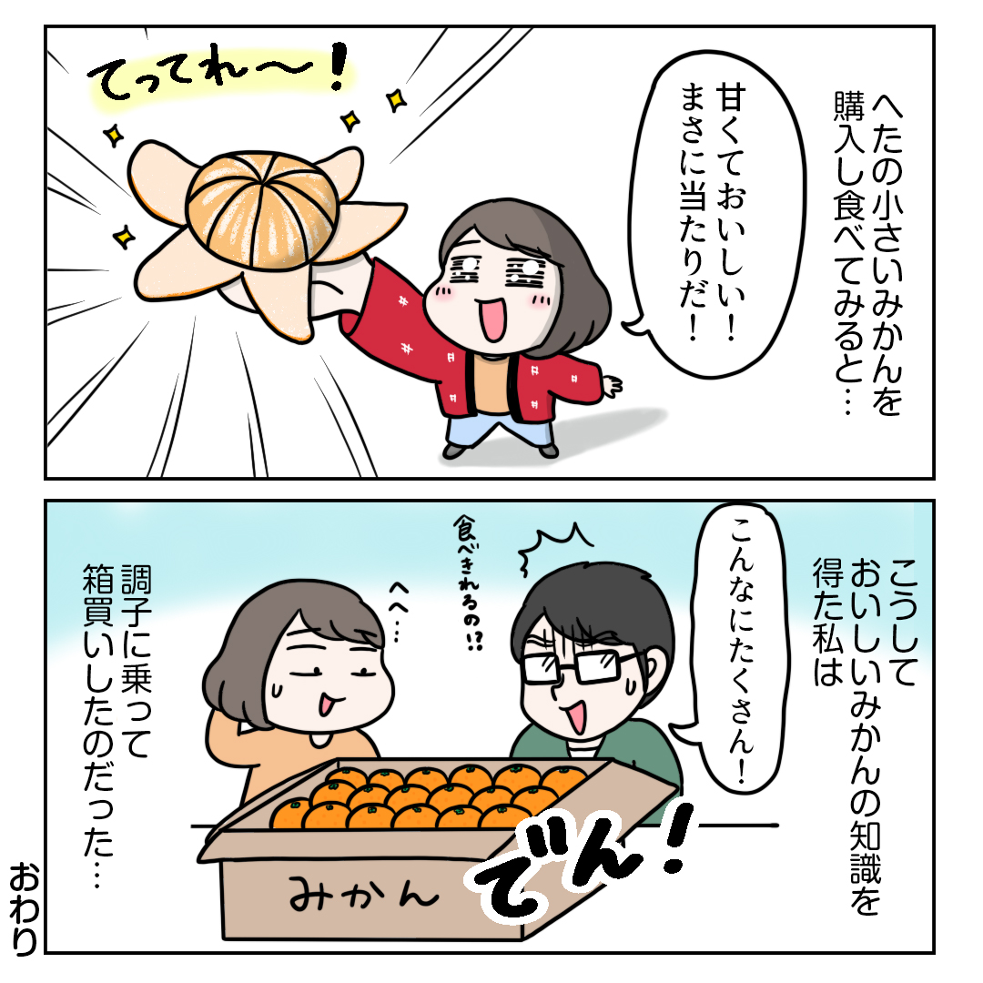 「おいしいみかんの見分け方を知った話」

へたが小さいみかんのほうが美味しいことを初めて知りました。
スーパーで実際にいろんなみかんを眺めてみましたが、へたの大きさは様々!そして小さいへたのみかんはたしかに甘くて美味しかったです🍊☺️
#コミックエッセイ #みかん 