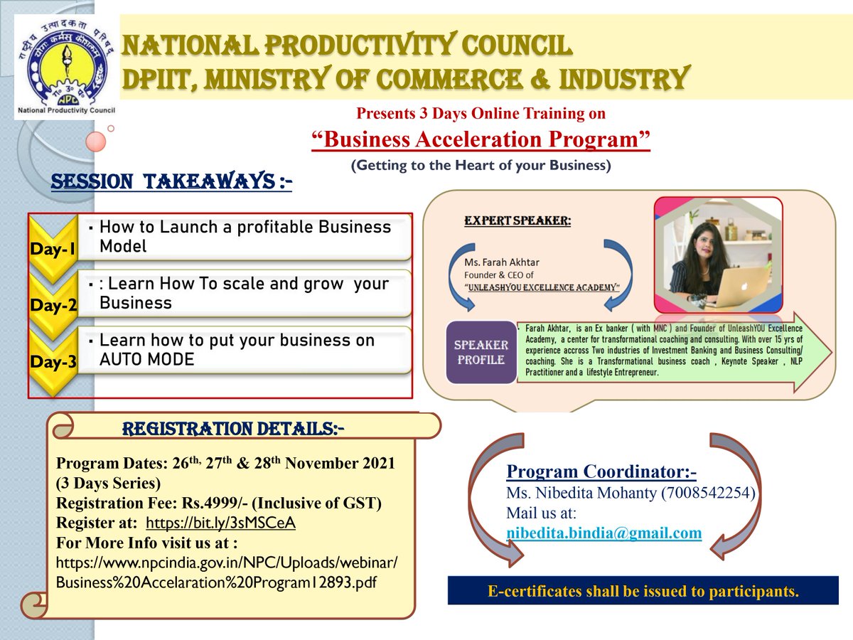 NPC_INDIA_GOV's tweet photo. Online Training on “Business Acceleration Program”
Register Now:- https://t.co/gRCN2zqN3H
Contact:-7008542254)
nibedita.bindia@gmail.com
Date:-26th, 27th&amp; 28th November 2021
Fee:-Rs.4999/- (Inclusive of GST)
#Business #Acceleration #Program #Npcindia #npc #Training #Online https://t.co/tkqYc5sfTE