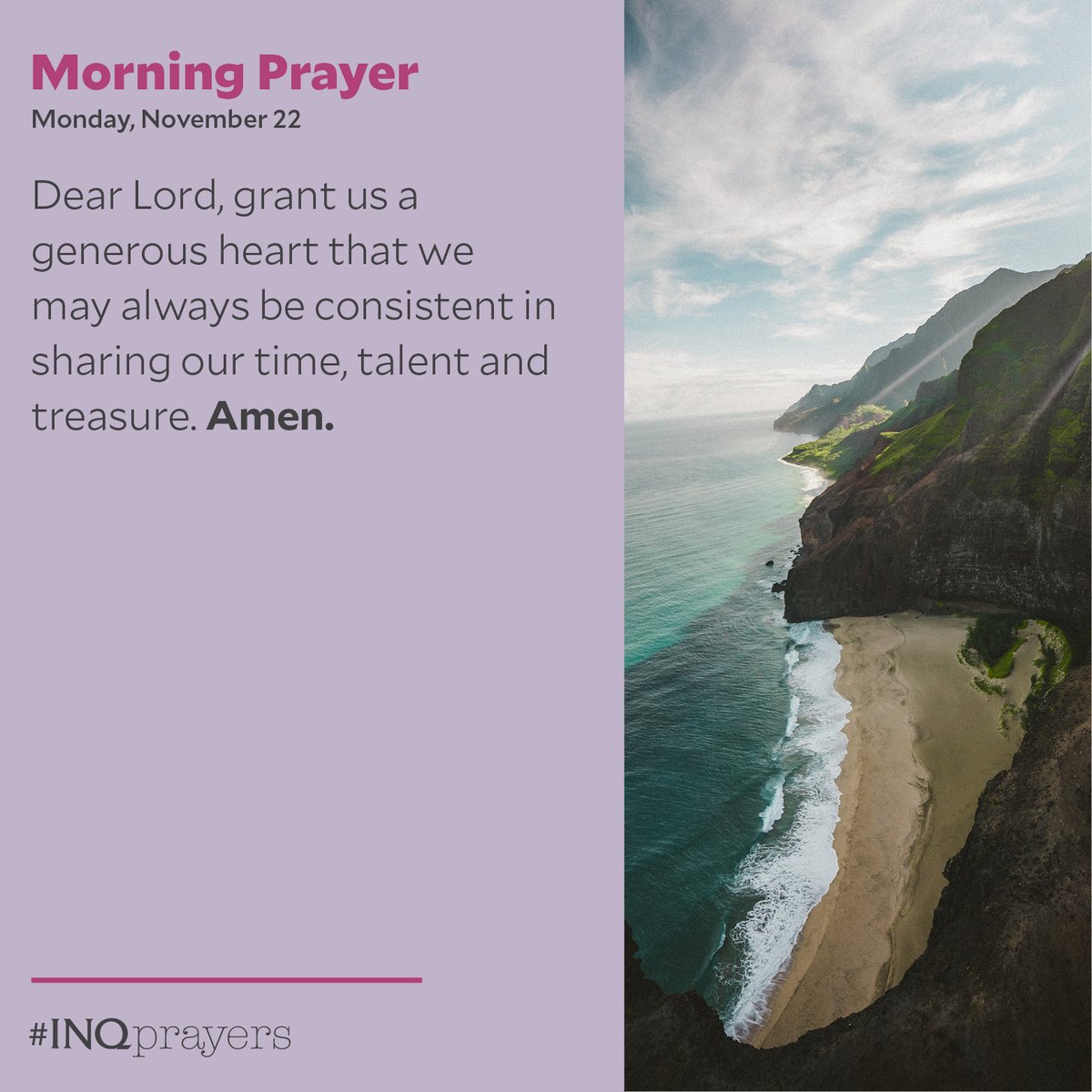 inquirerdotnet's tweet photo. Today's Morning Prayer. #INQPrayers

Dear Lord, grant us a generous heart that we may always be consistent in sharing our time, talent and treasure. Amen. https://t.co/cMwSRb8Oub