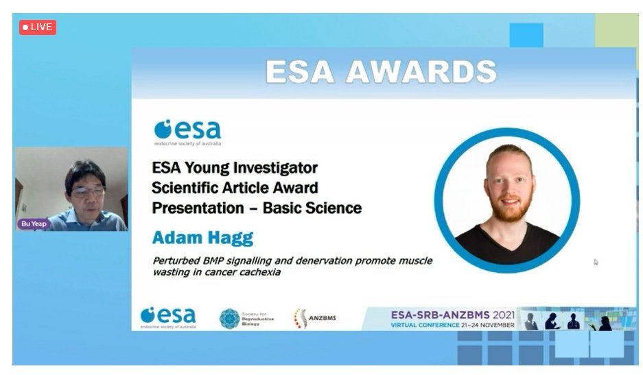 🎉👏Congratulations to our very own Dr Adam Hagg for receiving the ESA Young Investigator Scientific Article Award! 👉Tune in to #ESASRBANZBMS at 4:20pm on Tuesday as he explains how BMP signalling and denervation promote muscle wasting in cancer cachexia <a href="/UniMelbCMR/">Centre for Muscle Research</a> <a href="/UniMelbMDHS/">UniMelb MDHS</a>