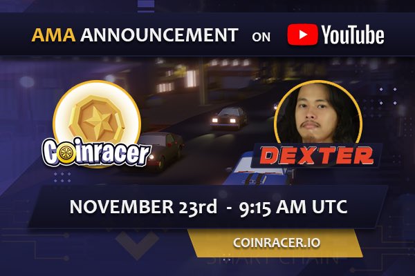 Coinracer's tweet photo. We are proud to announce to the #CoinracerFamily that we will be hosted by Dexter of @DexterPlaysPH for an AMA on YouTube!
Date: Nov. 23rd
Time: 9:15 A.M. UTC
Channel: https://t.co/rnfsjytsqp
#P2Egaming #NFTgaming #Philippines #PHcrypto #Blockchaingame #P2E https://t.co/W7ksmPnYJE