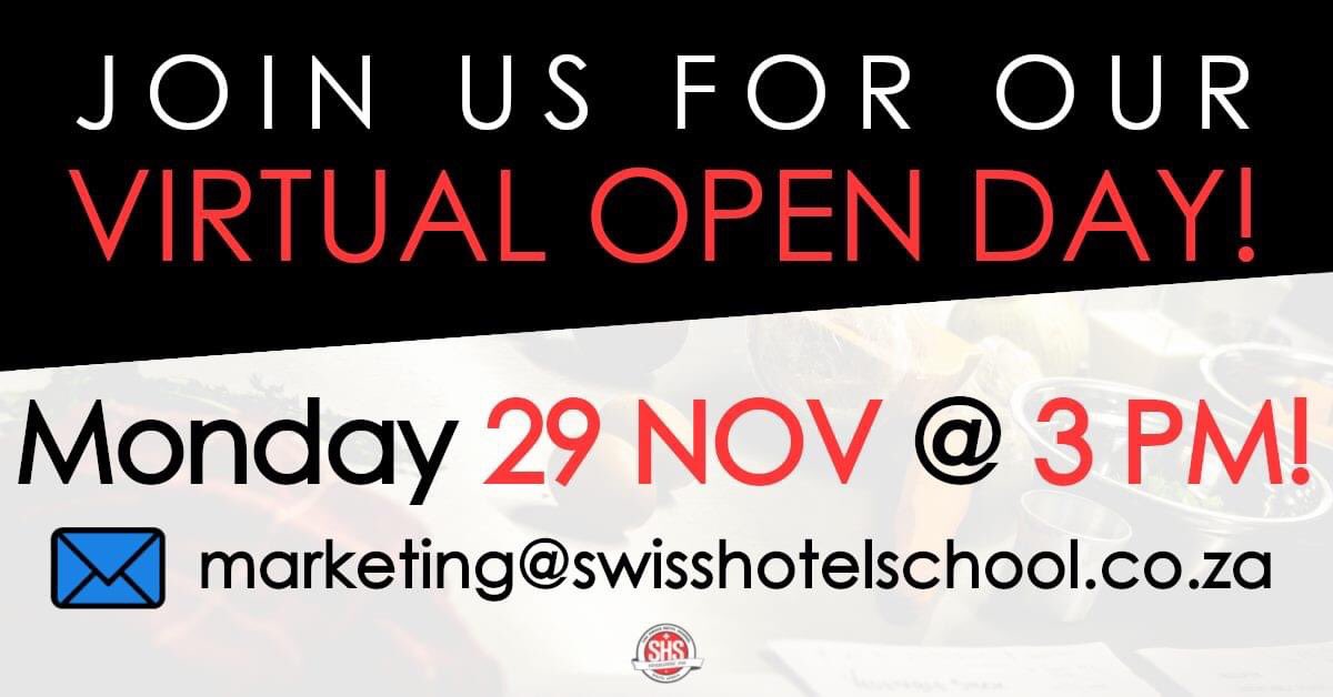 SwissHotelSA's tweet photo. Join us for our next virtual open day 29th November at 3pm #swisshotelschool #chefschool #hospitalitystudies #degree #matric2021 https://t.co/kX4ZkYTQh2 https://t.co/MrVWiWcium