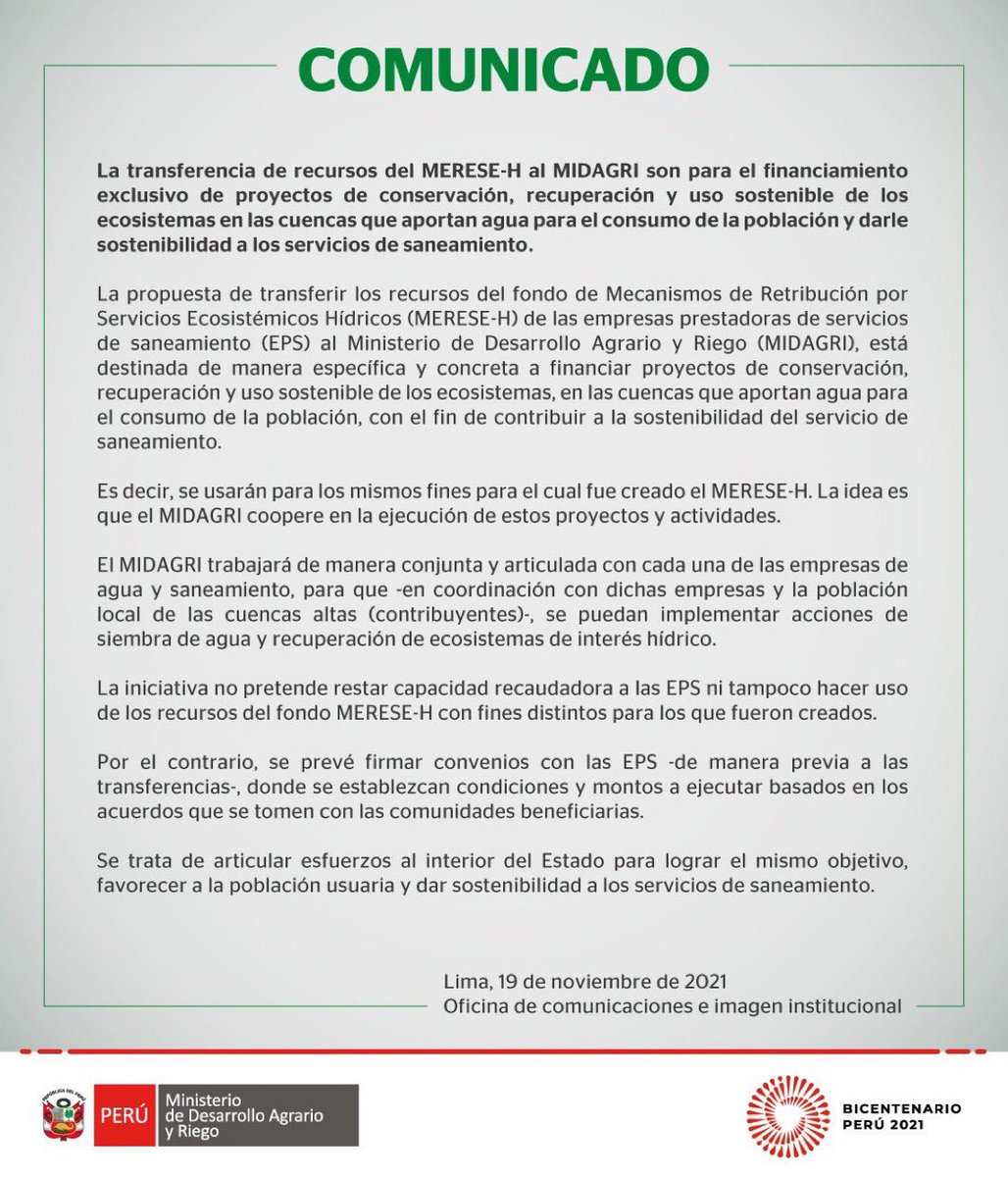 GQuijandriaA's tweet photo. Mecanismos de Retribución por Servicios Ecosistémicos (MERESE) han sido impulsados casi de manera exclusiva por @MinamPeru y @sunassperu. ¿Por qué aparece ahora @midagriperu ávido por “chapar la plata”? Inadmisible!!! ¿Por qué mejor no establecen de una vez MERESE agrarios? https://t.co/pfTkcIgkfc
