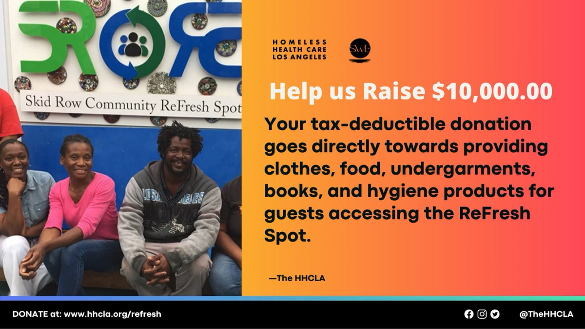 Donate to #TheReFreshSpotLA starting Monday 11/22 to provide underwear 🩲 🧦, toiletries 🧻, feminine products 🚺, warm clothes🧣, meals 🍽 + more to the people facing homelessness in downtown LA. 

Every dollar matters ❤️💸