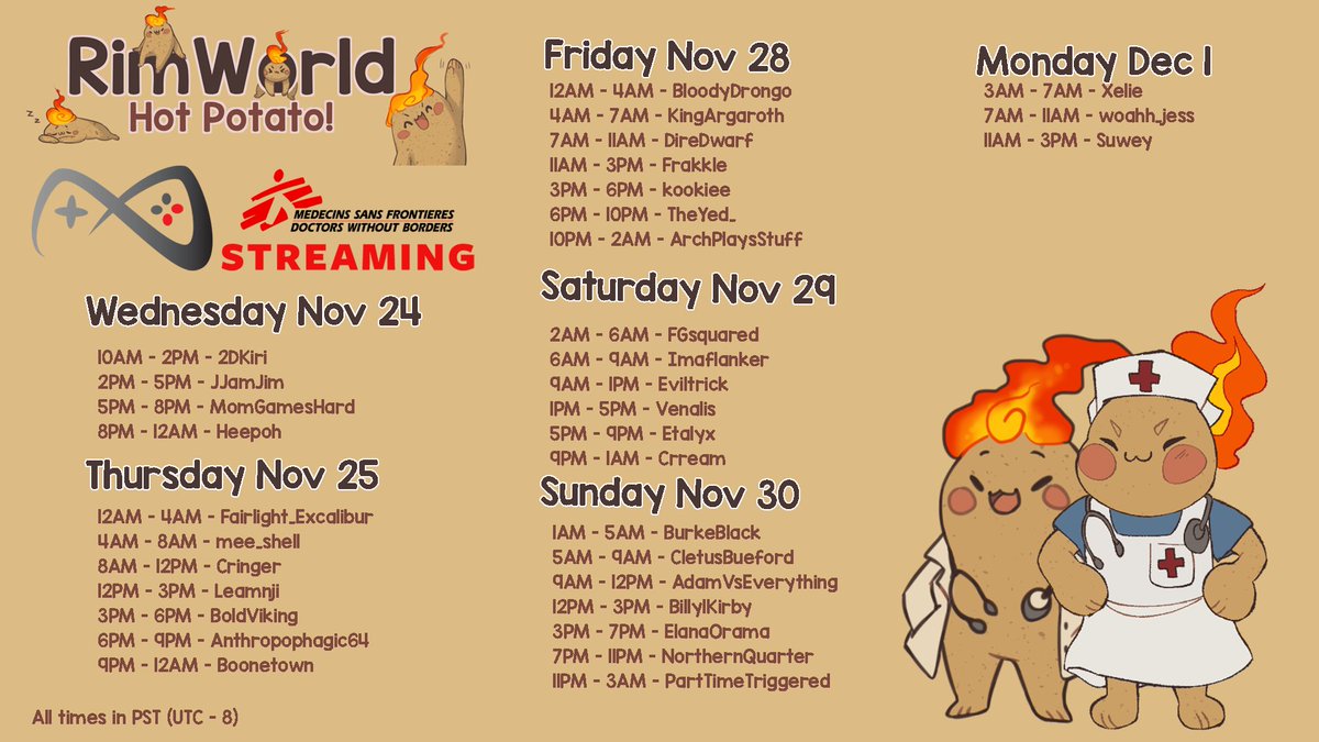 HotPotatoChall's tweet image. Get ready! The Hot Potato Charity challenge for @MSFUSAStreaming is coming!
Join us for fun, chaos, and raising money for a good cause, starting this Wednesday, November 24!
#StreamersWithoutBorders #HotPotato
