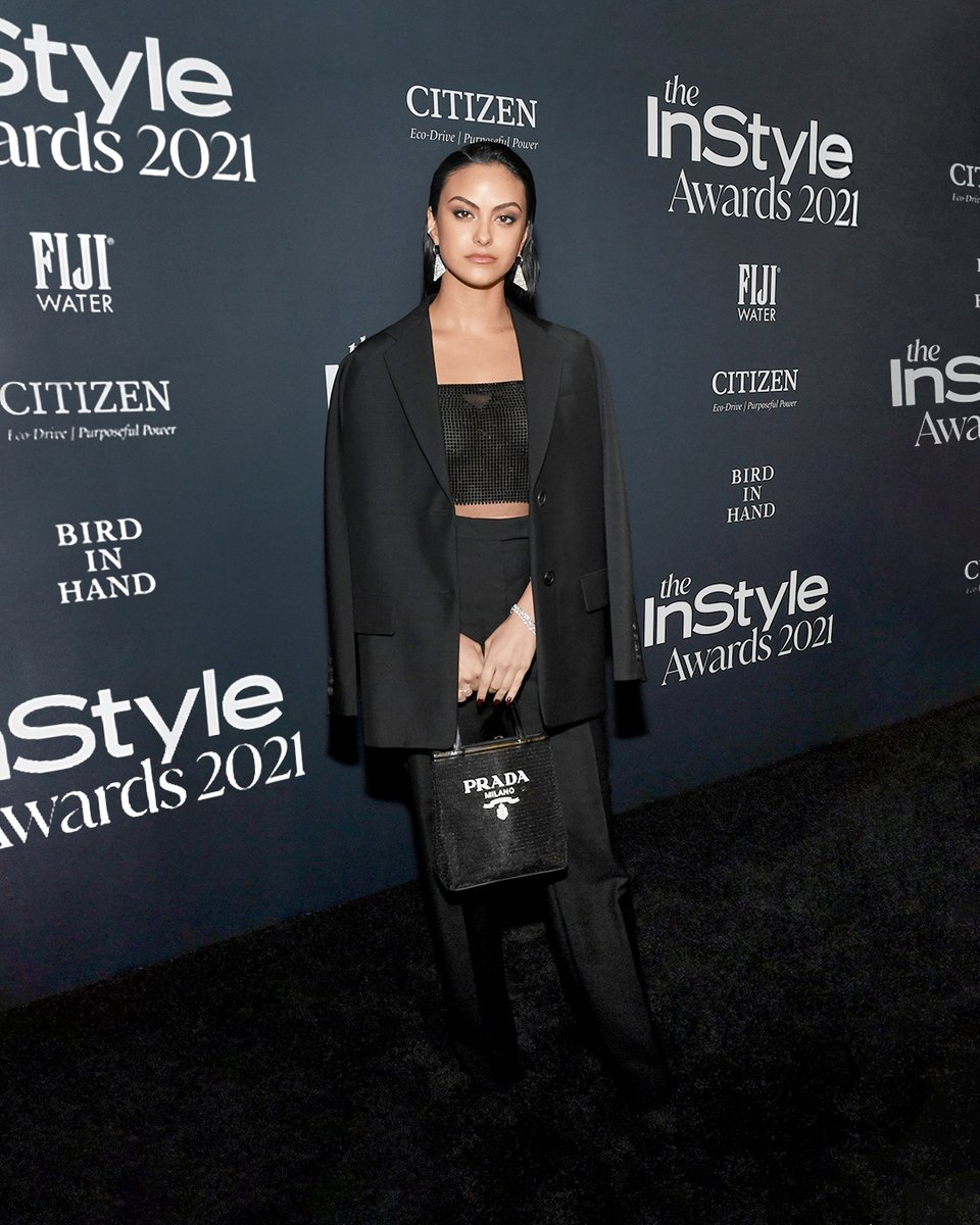 Prada's tweet photo. .@camilamendes, wore a #Prada single-breasted kid mohair jacket, kid mohair pants, tulle crop top with crystals, and crystal Logo earrings while attending the 6th Annual #InStyleAwards.

#PradaPeople #CamilaMendes https://t.co/oqqhbo9Z7v