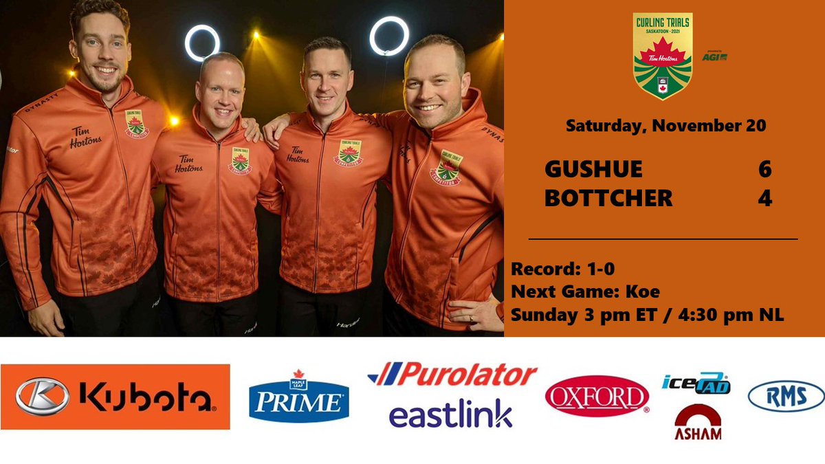TeamGushue's tweet photo. What a close one! Pulled out a big win tonight! Time to rest up for tomorrow's feature game vs @TeamKevinKoe at 3 pm ET / 4:30 pm NL on @TSNCurling! #Trials2021 https://t.co/xIUbsdlpgd
