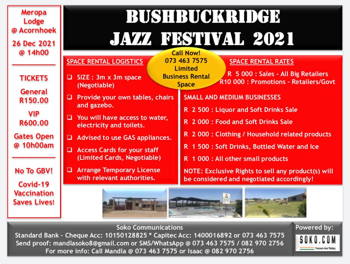 soko_mandla's tweet photo. A great opportunity for you to combine business and fun ... enjoy great live music and also make money! https://t.co/HB4C92ASpd