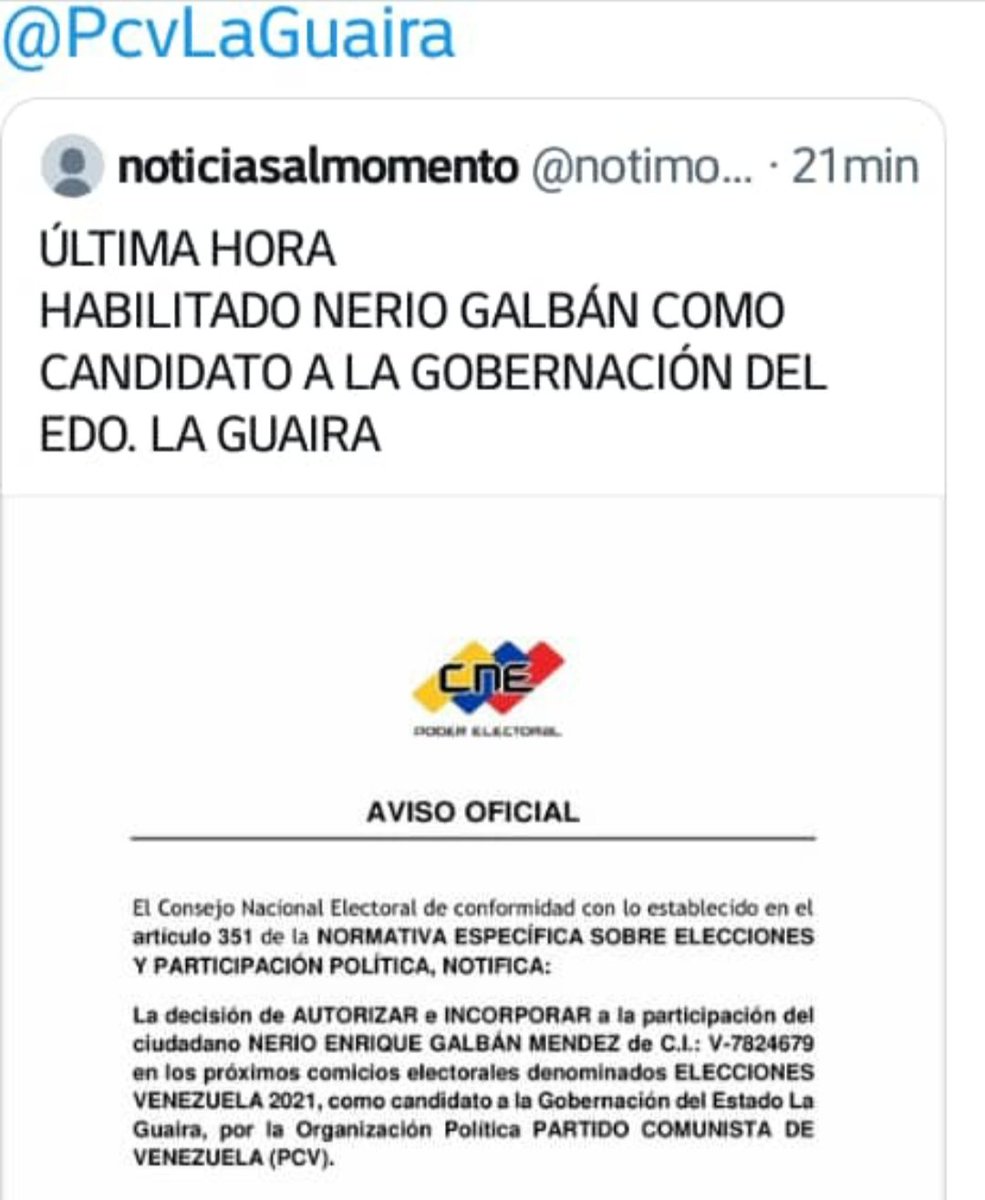 Son las 11:54 pm  del día 20 de Noviembre del 2021, me enteré en este momento que he sido habilitado para ser candidato a la Gobernación del Estado la Guaira, faltando 6 minutos para que llegue el día de las elecciones. Dios salva a Venezuela y a nuestro pueblo de esta realidad!