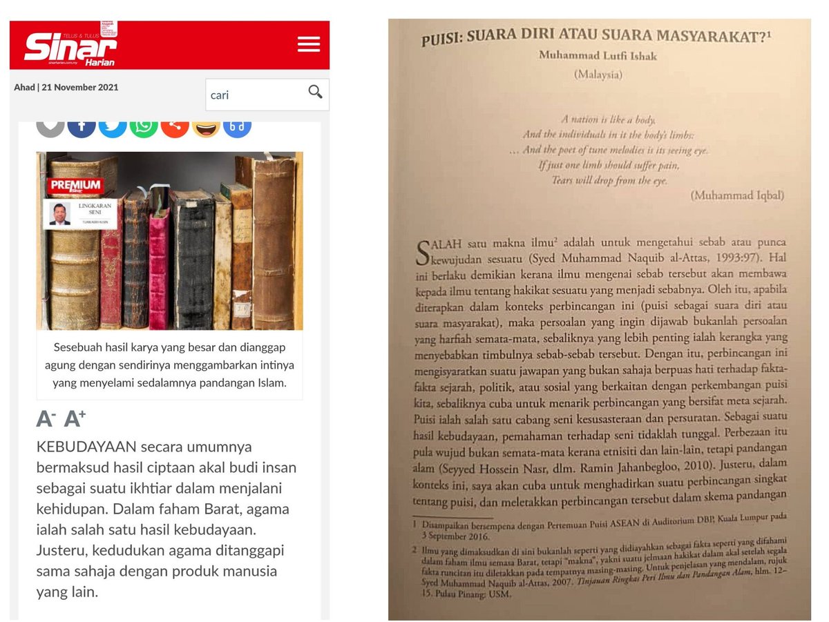 beckyilham's tweet photo. Sebagai peminat karya Syed Muhammad Naquib Al Attas (SMNA), saya mengikuti hasil tulisan yg merujuk beliau.

Justeru, artikel Wacana Minda ini menarik perhatian saya.

Namun, artikel itu mengingatkan kepada esei @lutfi80_m yg terbit lebih awal.

Ini adalah satu perbandingan. https://t.co/1kzI6CHyVf