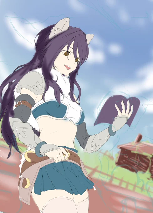 少しだけ作業手順を公開します 1枚目 ラフ塗り 2枚目 線画仕上げ+下塗り 3枚目 キャラ塗り80% 4枚目 キャラ仕上げ  肌の影色はくすんだままでも、その後の仕上げで朱色の強めをオーバーレイで重ねれば何とかなります。 #イラスト #プリコネR