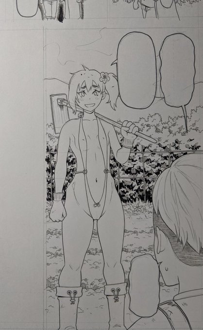 ドスケベ水着で農作業する貧乳女子。 