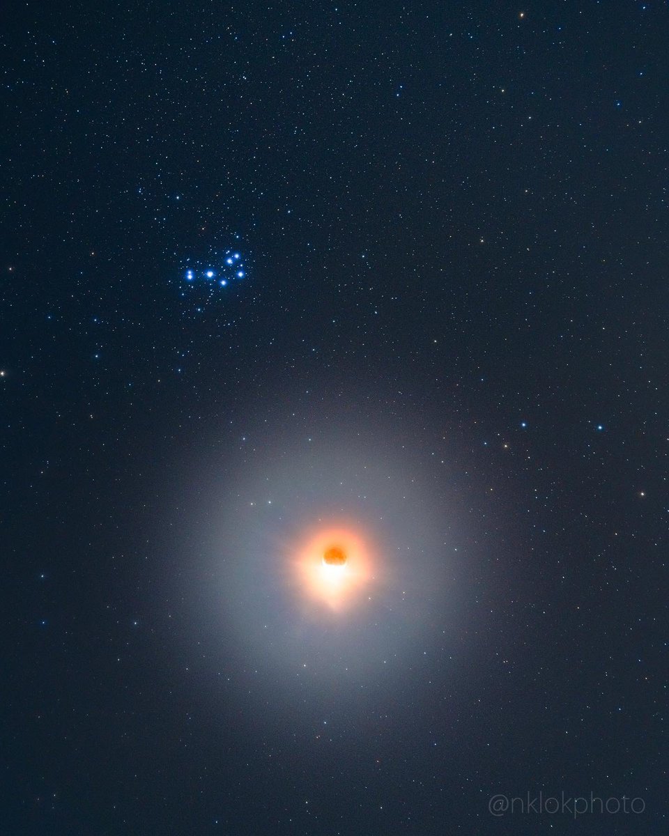 The 97% eclipsed Moon and Pleiades