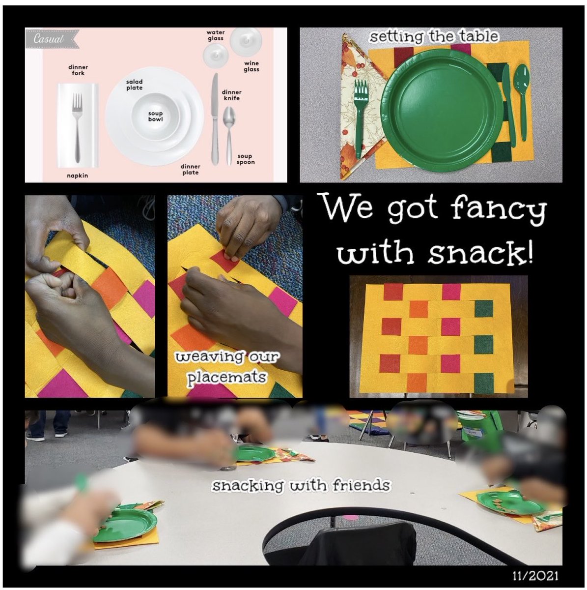 Andre_Bristol's tweet photo. The week before Thanksgiving seemed like the perfect opportunity to weave placemats; set a fancy table; practice manners; and enjoy a snack with friends. π½ @CFISDAndre #AndreInAction β¦@AndreKHernandzβ© #WhereLearningIsMagical @Juliebslp @AndreNByers #cfisdslps #cfisdslp https://t.co/VG6cqCh75o