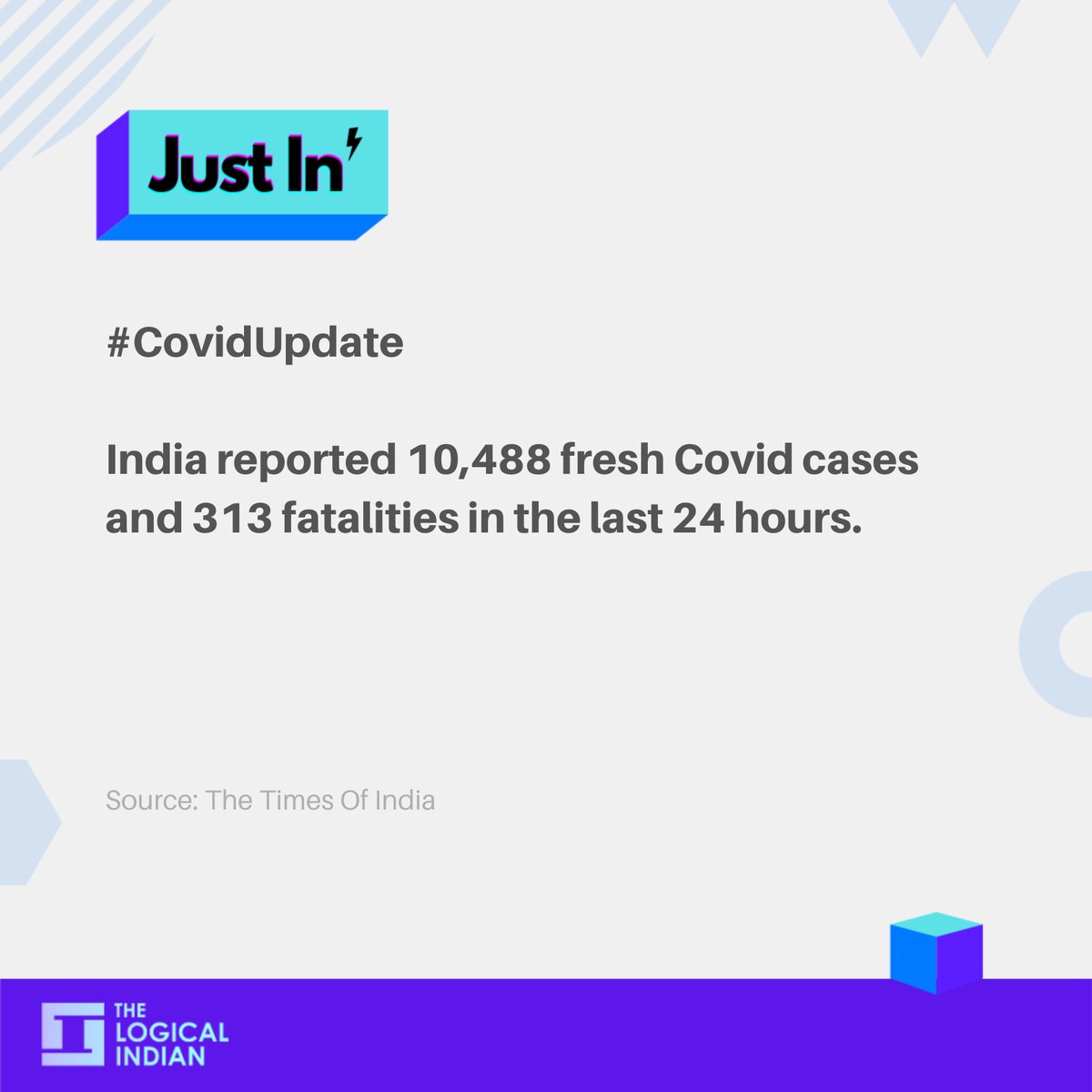 LogicalIndians's tweet photo. #CovidUpdate: India logged 10,488 new coronavirus cases and 313 deaths in the last 24 hours, as per the data released by the Ministry Of Health and Family Welfare. With 12,329 recoveries in the last 24 hours, India's recovery rate is currently at 98.30%.

#covid #dailycount https://t.co/emjnIR1PsN