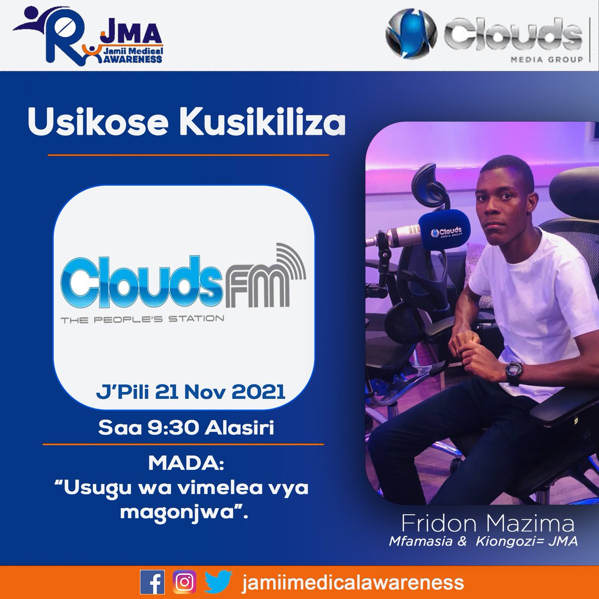JamiiMedical's tweet photo. Jiunge na @FridonM kupitia @CloudsMediaLive leo, kufuatilia elimu juu ya usugu wa vimelea vya maradhi.
#WAAW #AntimicrobialResistance #AntimicrobialResistanceAwarenessWeek https://t.co/eaRPSeYvBb