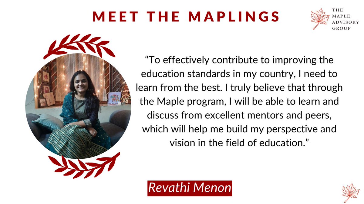 MapleAdvisory's tweet photo. Today, for our #MeetTheMaplings campaign, we're delighted to introduce Revathi Menon!
Revathi is part of a diverse, ambitious & passionate group of individuals seeking to make their impact in Education π
#maplings #mapleadvisory https://t.co/jr1TSFTfO6